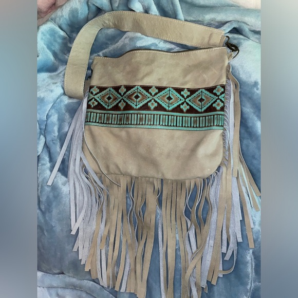 Handbags - new 15*13 side leather Fringe Boho Tan and Teal Crossbody Bag
